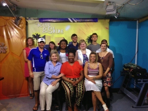 The International Classroom Initiative launch class of 2014 completes taping of the "Rise and Shine" TV show. From left to right (front row), Professor Deborah Wagnon, Sharita Henderson, and Brook Mullinix; (middle row) Jessie Garrett, Kim Albritton, Victoria Richardson and Emma Mitchell; (back row) Adrianna Martinez, Beth Chitwood, Sam West, Spencer Lawrence and Daniel Jones (hidden). Photo courtesy of Jessie L. Garrett.
